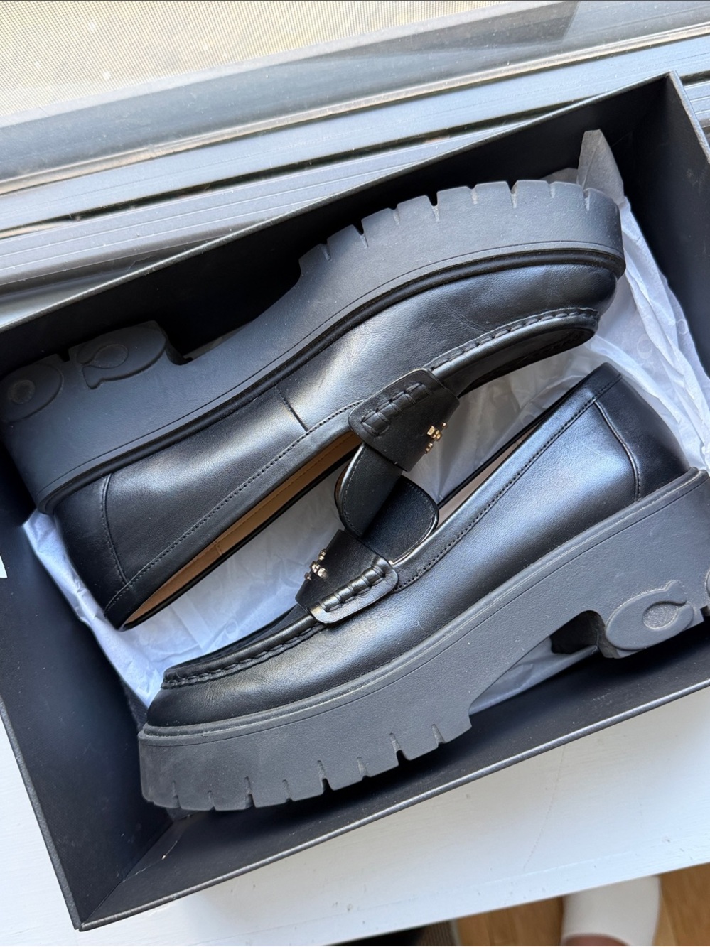 Coach Black Leather Platform Loafers with Lug Sole